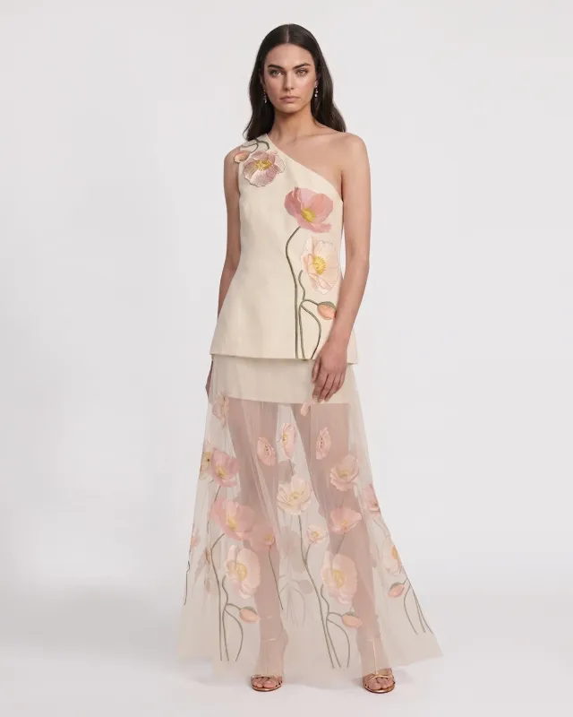 Corn Poppy 3D Printed Embroidery
One-Shoulder Layered Maxi Dress
- Ivory made by JW PEI