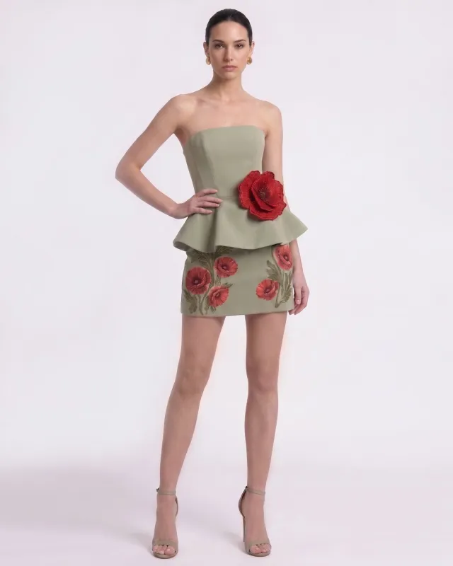 Corn Poppy 3D Flora Peplum Mini Dress - Sage Green made by JW PEI