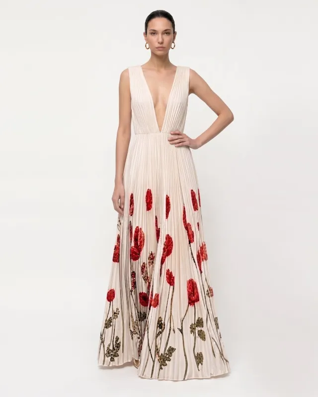 Printed Corn Poppy Plissé Plunge Maxi Dress - Ivory made by JW PEI