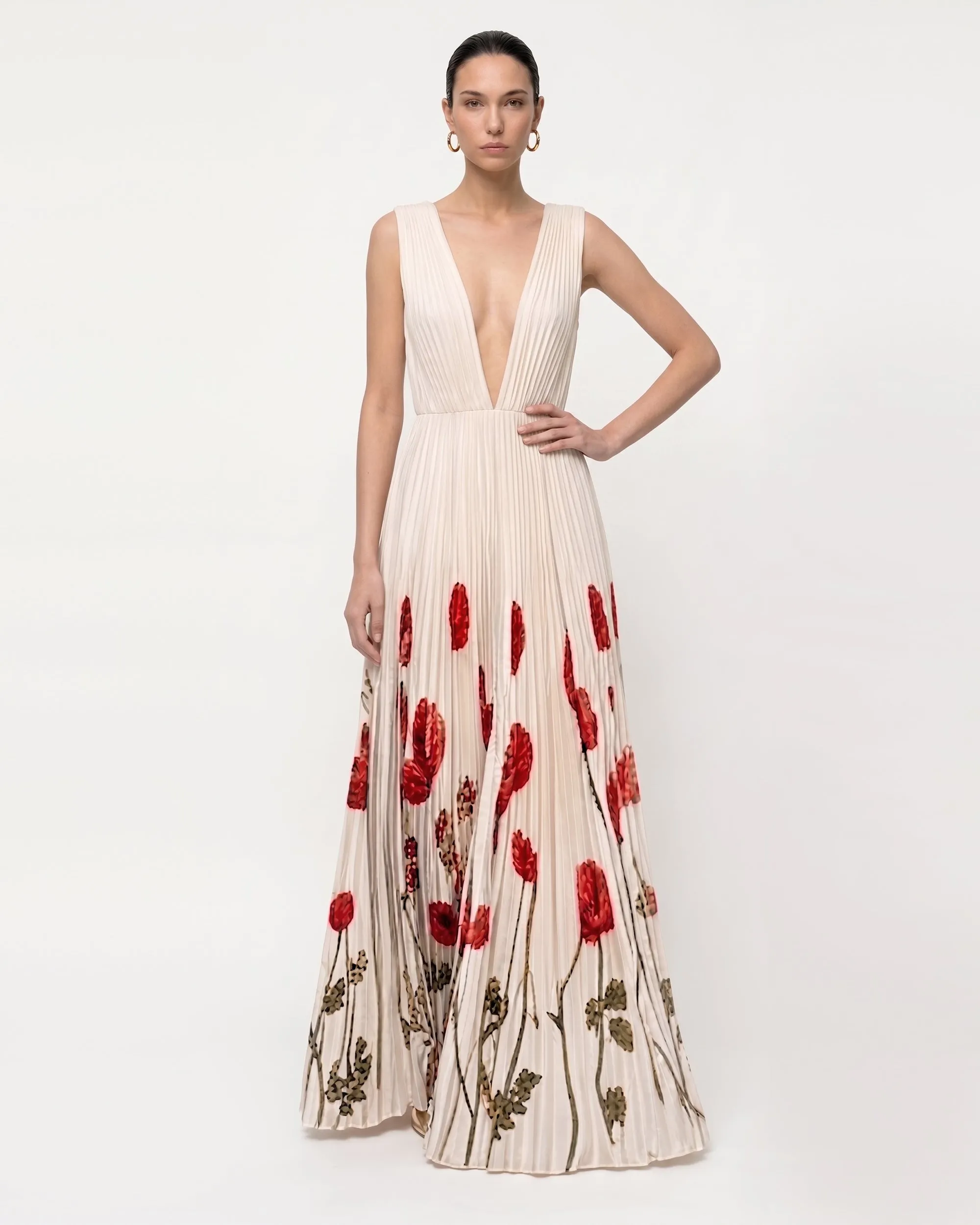 Printed Corn Poppy Plissé Plunge Maxi Dress - Ivory sold by JW PEI