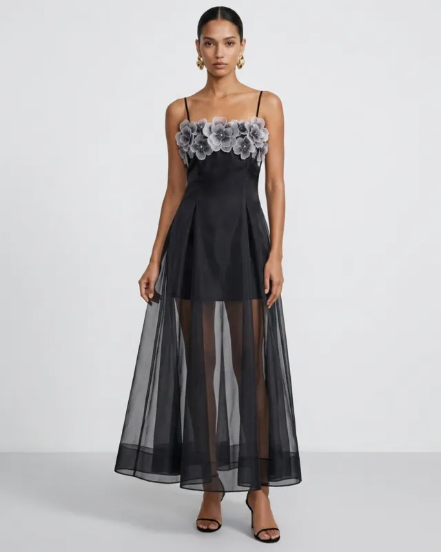 Floral Embroidered Sheer Layered Maxi Dress - Black made by JW PEI