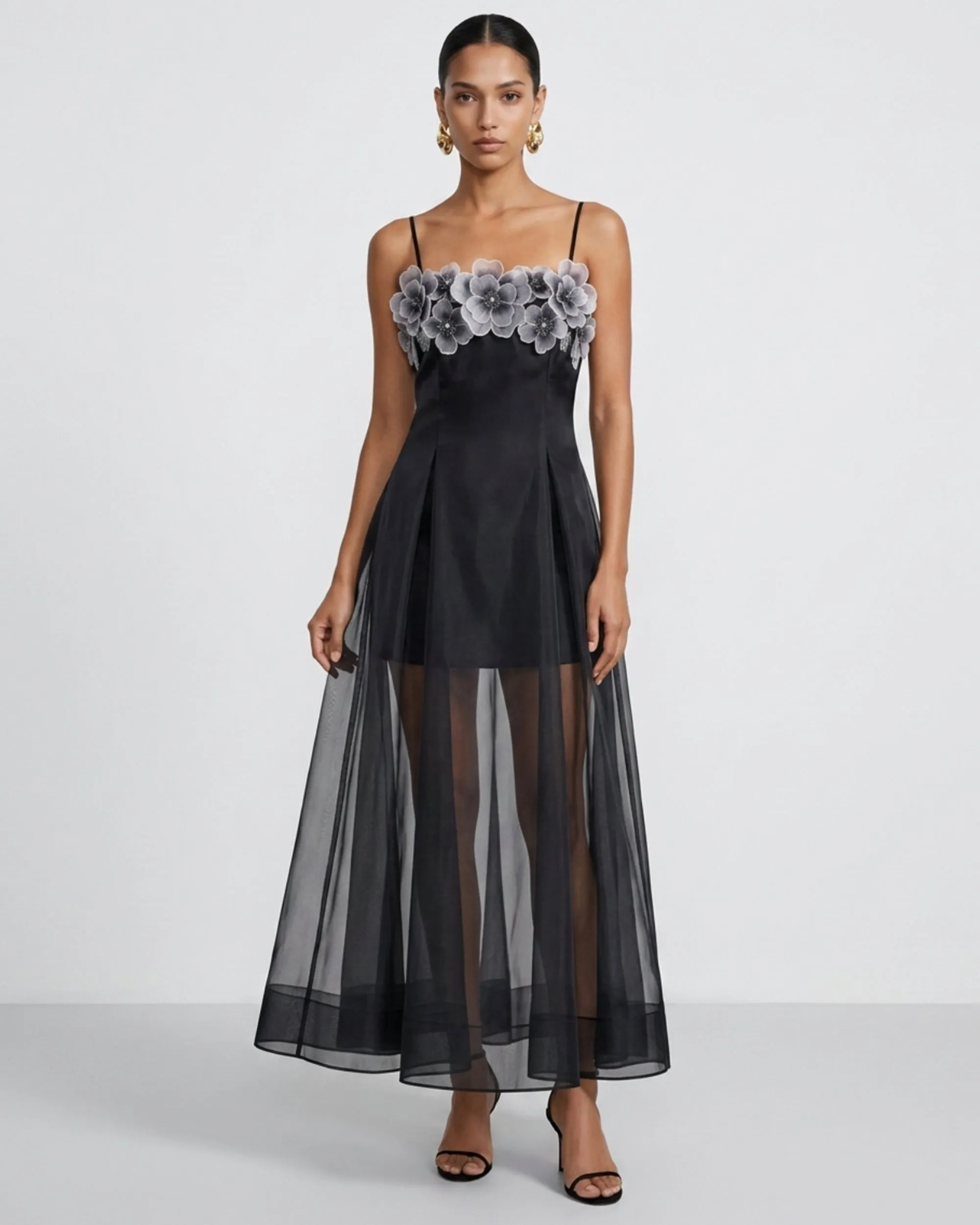 Floral Embroidered Sheer Layered Maxi Dress - Black sold by JW PEI