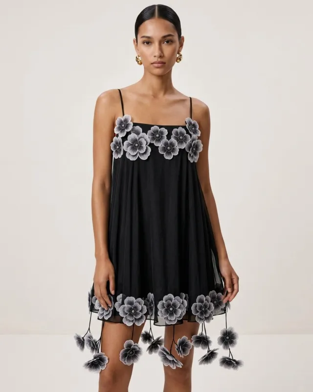 Floral Embroidered Drop-Trim Mini Dress - Black made by JW PEI