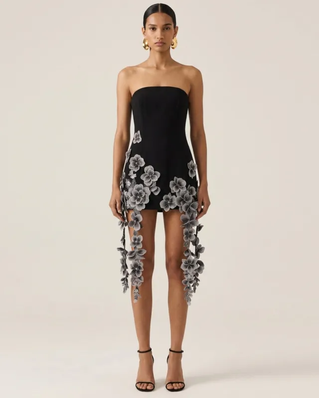 Floral Embroidered Cascade Mini Dress - Black made by JW PEI