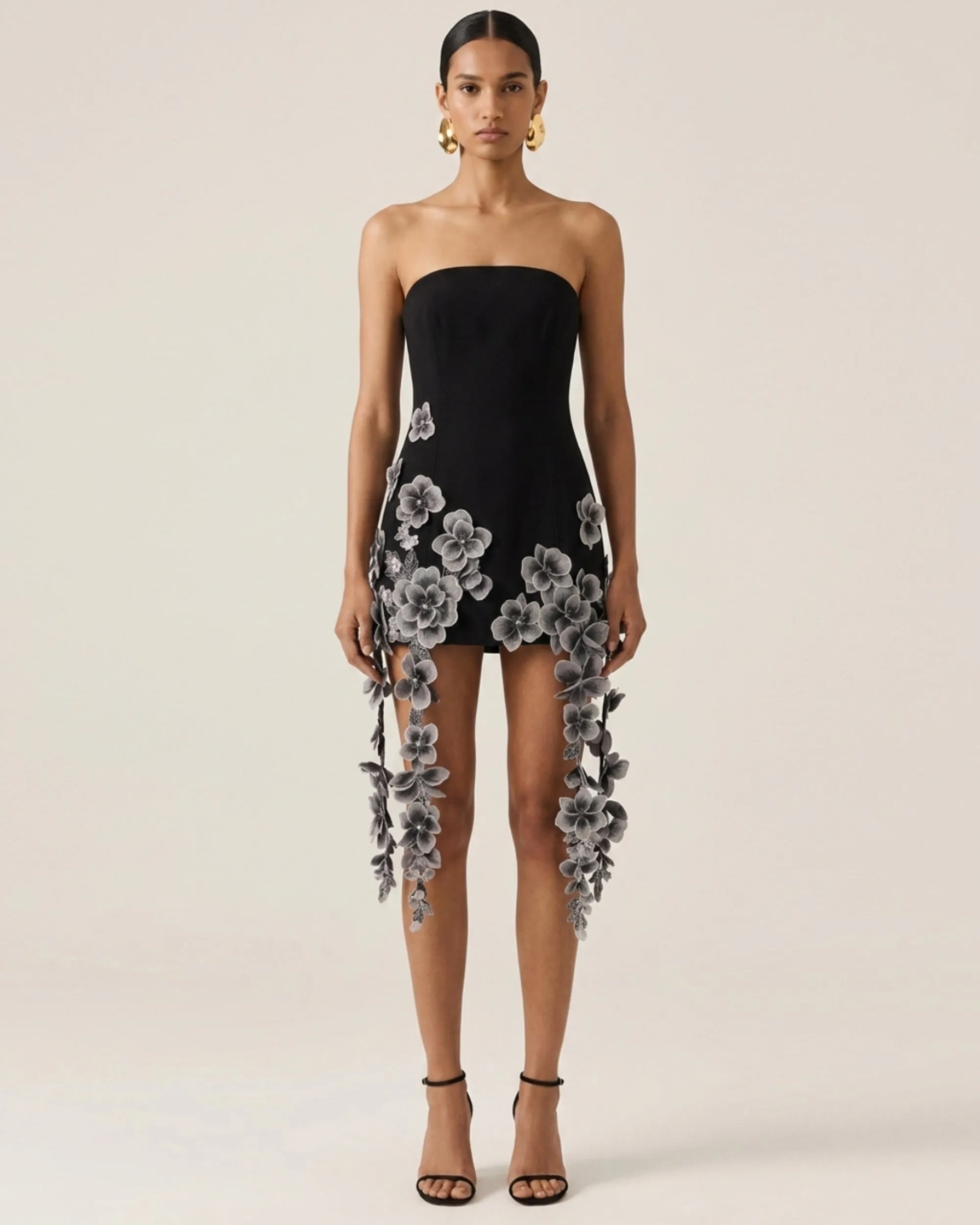 Floral Embroidered Cascade Mini Dress - Black sold by JW PEI
