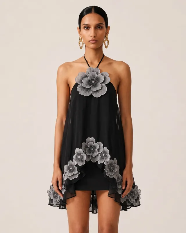 Floral Embroidered High-Low Halter Top - Black made by JW PEI