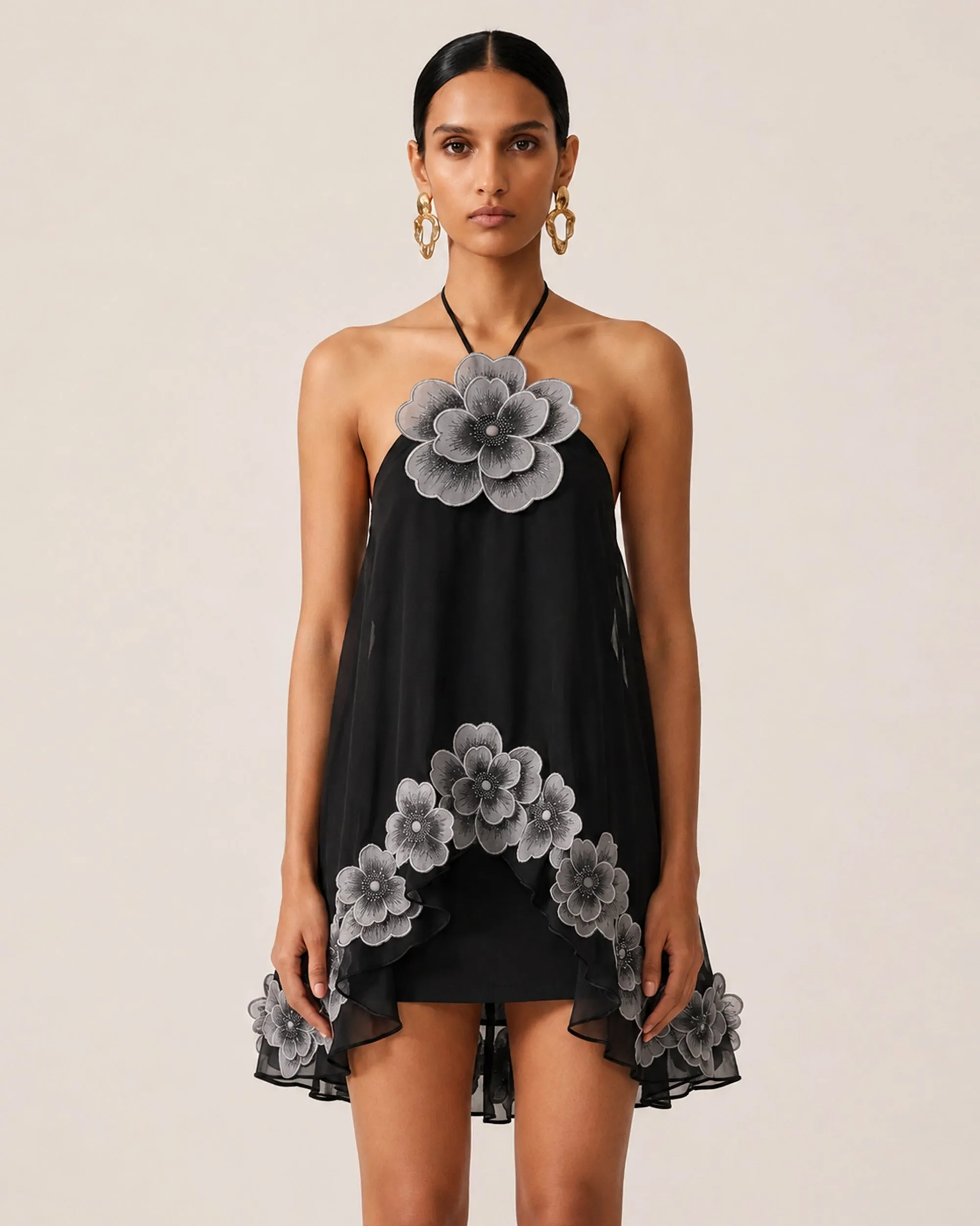 Floral Embroidered High-Low Halter Top - Black sold by JW PEI