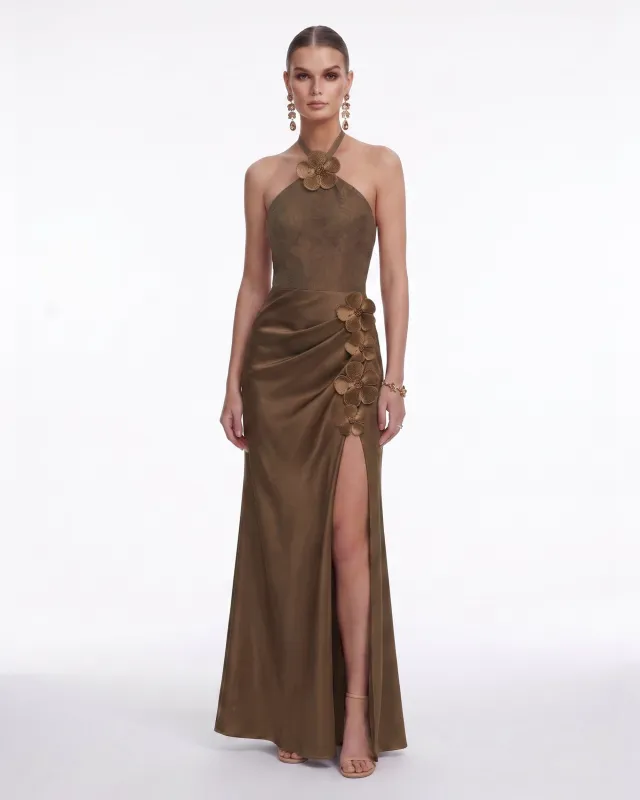 Floral Appliqué Halter Slit Satin Maxi Dress - Brown made by JW PEI
