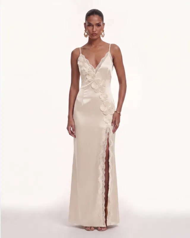 Floral Appliqué Lace-Trim Slit Satin Maxi Dress - Champagne made by JW PEI