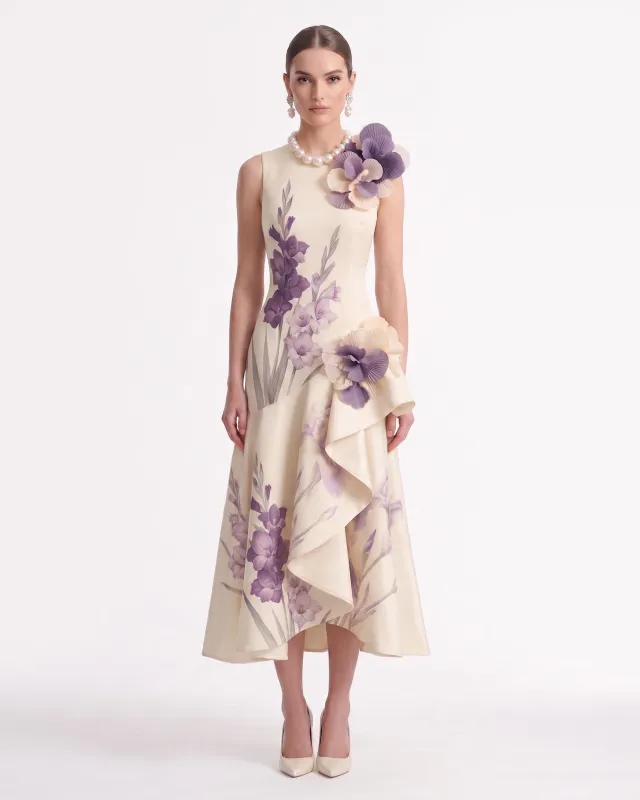 Gladiolus 3D Floral Appliqué Ruffled Midi Dress - Ivory made by JW PEI