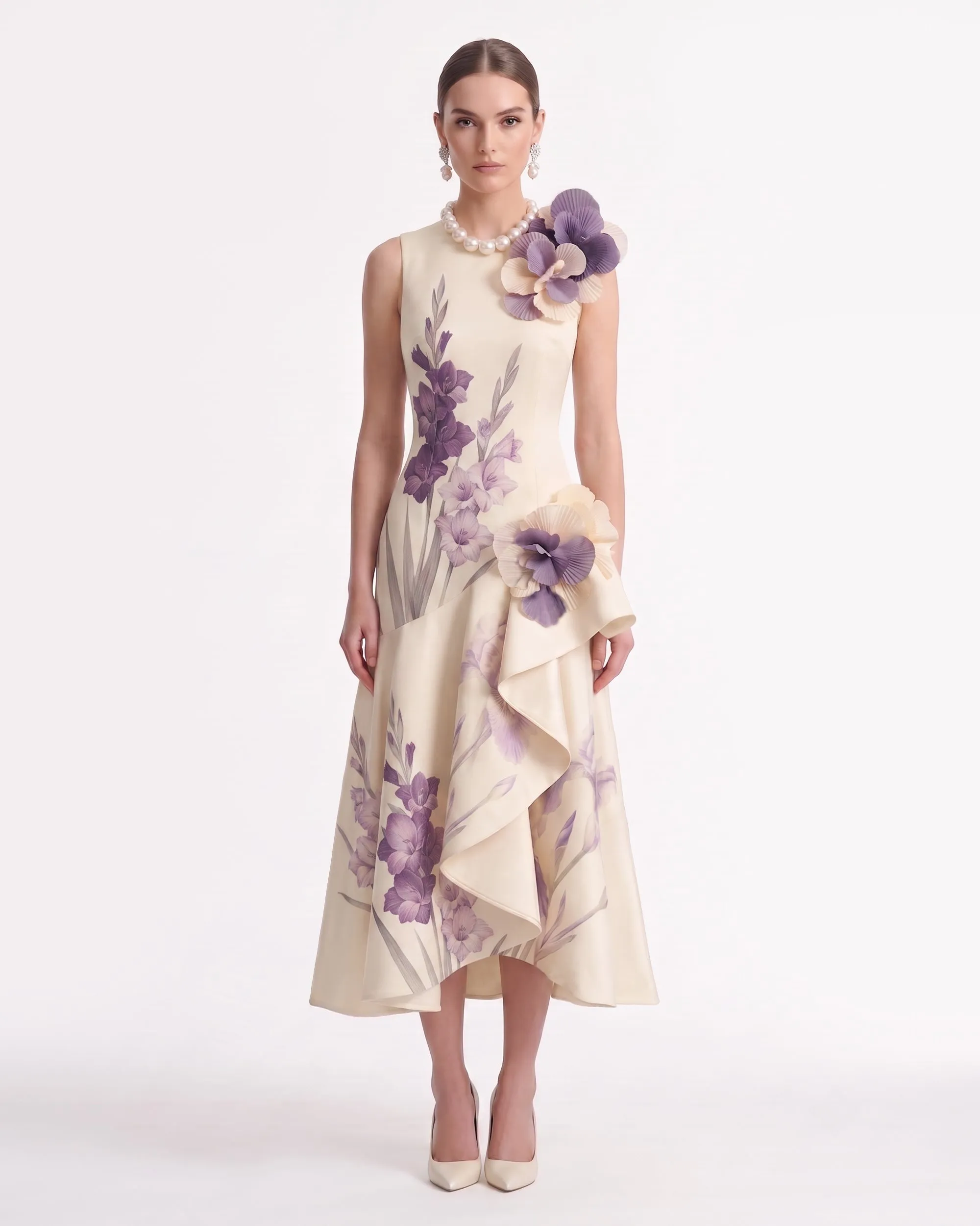 Gladiolus 3D Floral Appliqué Ruffled Midi Dress - Ivory sold by JW PEI
