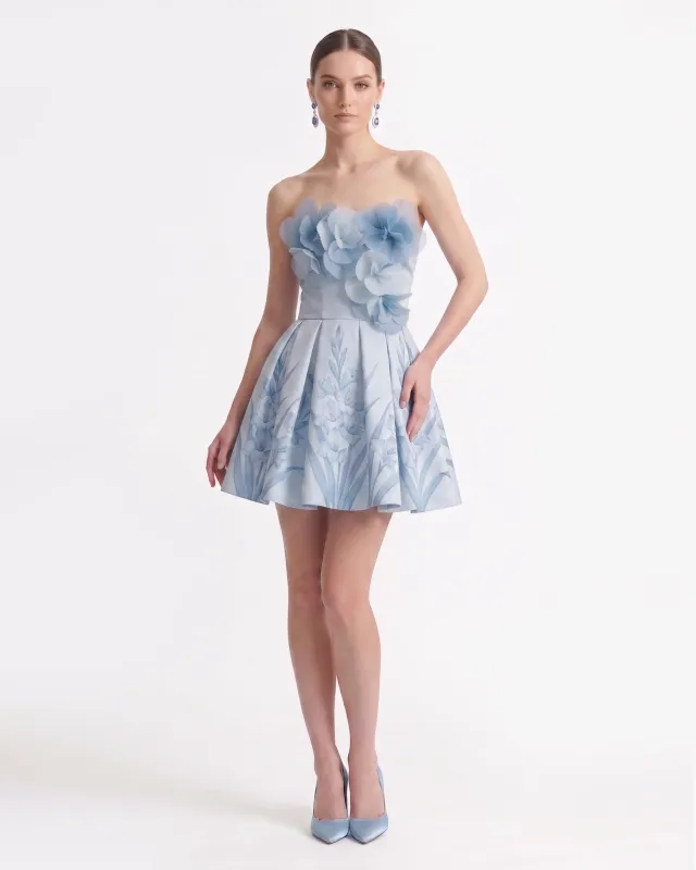 Gladiolus 3D Floral Appliqué Strapless A-Line Mini Dress - Light Blue made by JW PEI