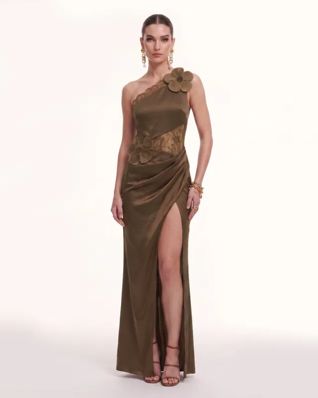 Floral Appliqué One-Shoulder Slit Satin Maxi Dress - Brown made by JW PEI