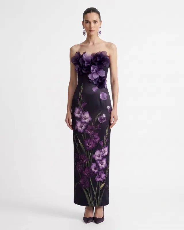 Gladiolus 3D Floral Appliqué Strapless Column Midi Dress - Plum made by JW PEI