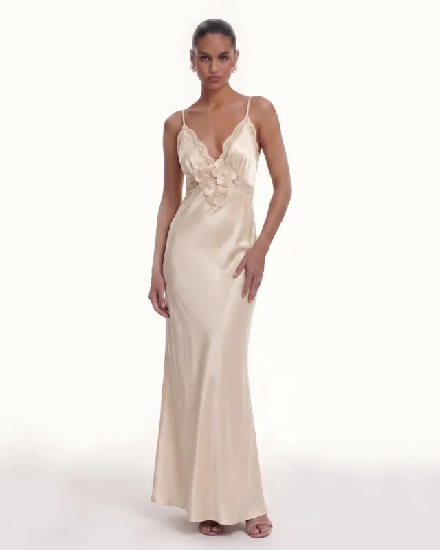 Floral Appliqué Lace Bodice Satin Maxi Dress - Champagne made by JW PEI