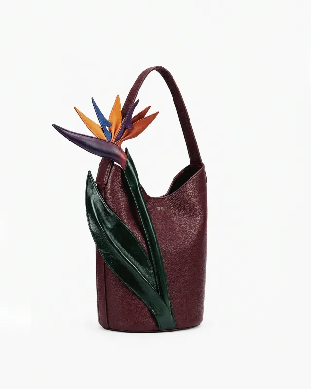 Bird of Paradise Appliqué Bucket Bag - Burgundy Multi made by JW PEI