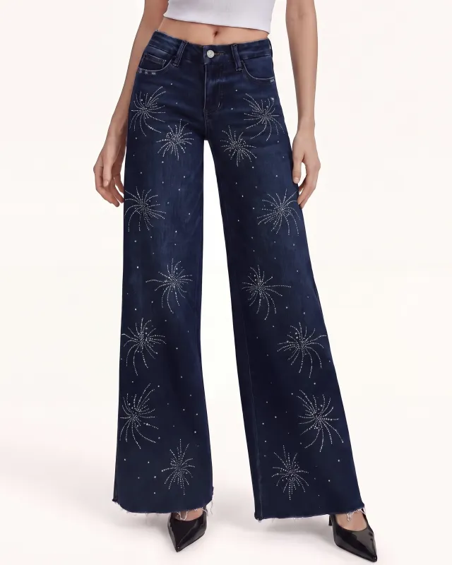 The Firework Rhinestone Wide-Leg Jeans - Mood Indigo made by JW PEI