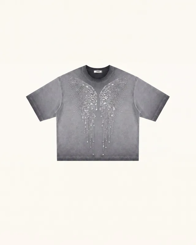 The Angelic Dripping Crystal Wings Tee - Washed Grey made by JW PEI