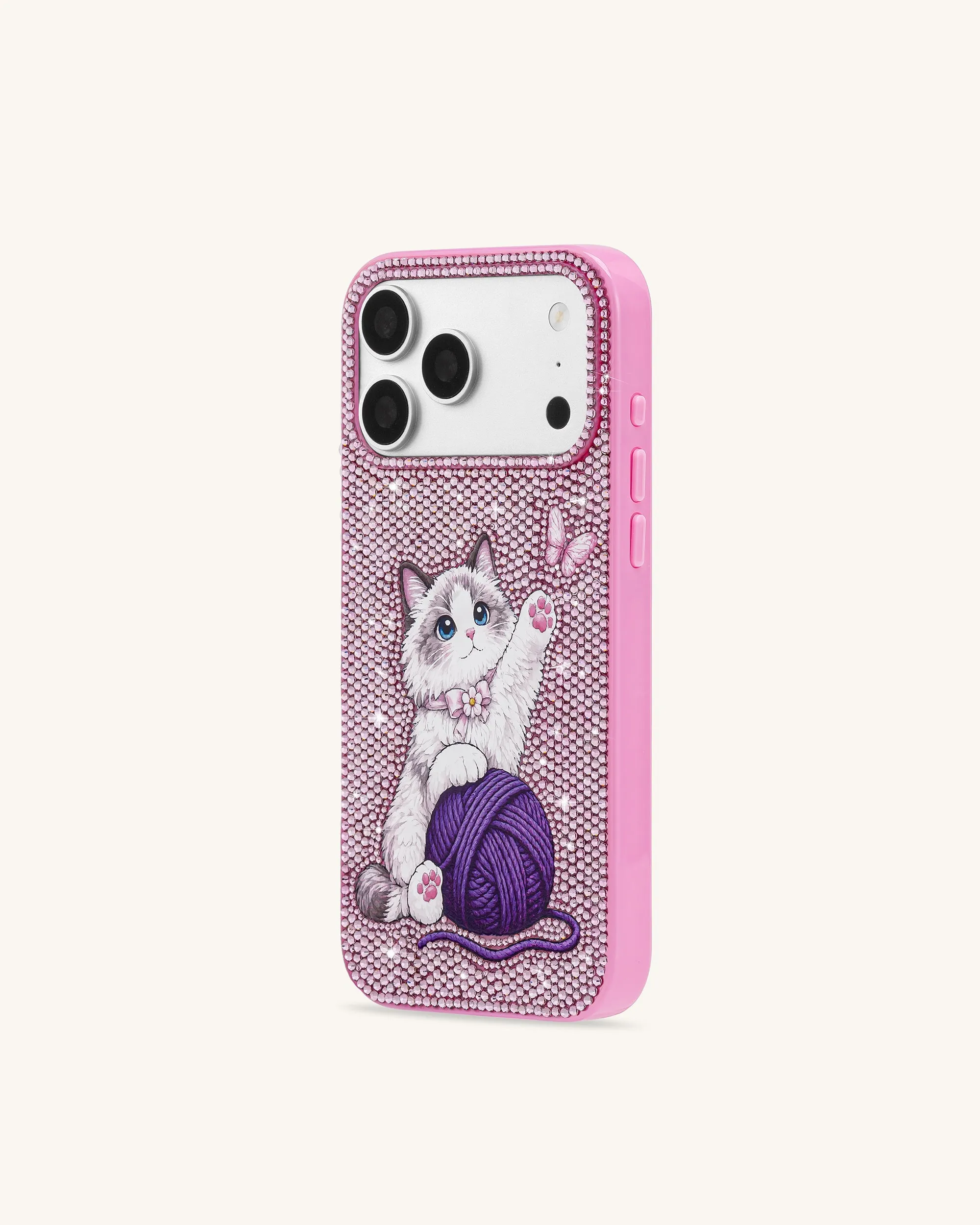Kitten with Yarn Artificial Crystal Phone Case - Pink sold by JW PEI product image thumbnail 2