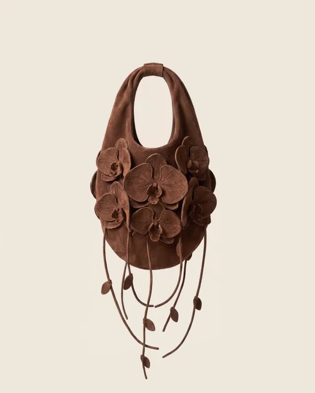Faux Suede Orchid Appliqué Hobo Bag - Chocolate Brown made by JW PEI