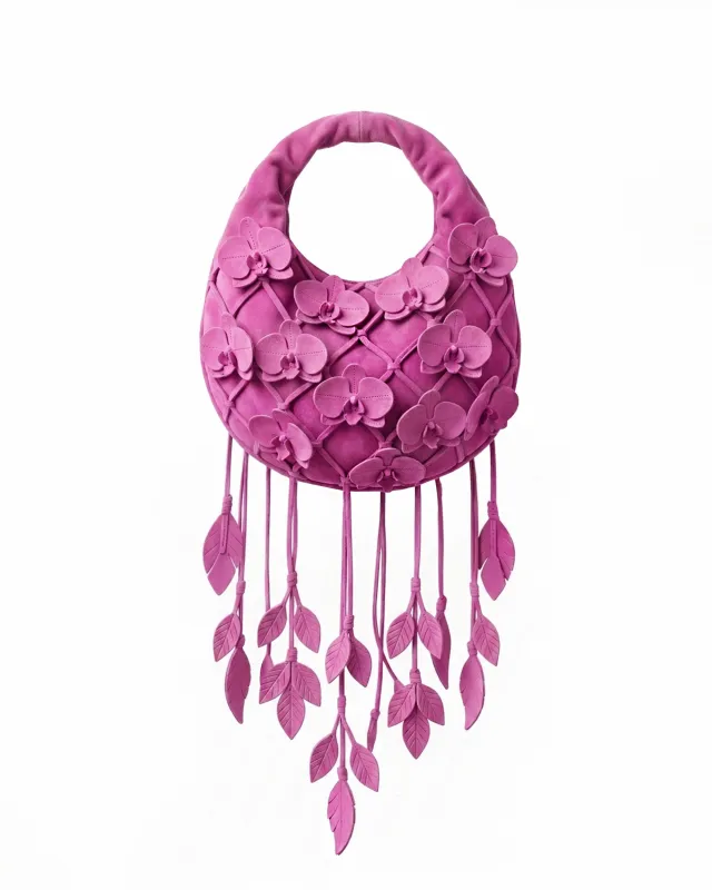 Orchid Appliqué Leaf Tassel Hobo Bag - Fuchsia made by JW PEI