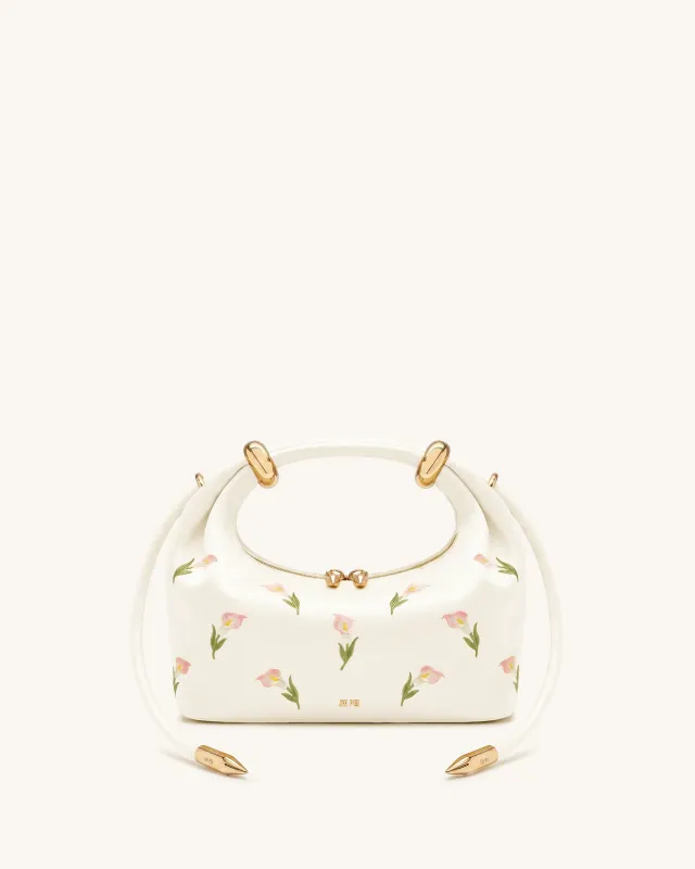 Ellie Satin Finish Embroidered Metal Ring Embellished Top Handle Bag - Ivory made by JW PEI