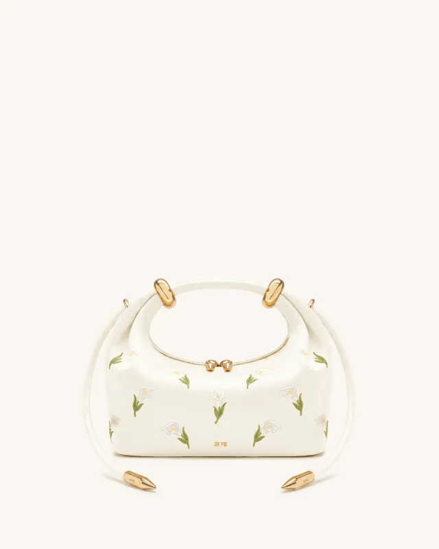 Ellie Satin Finish Embroidered Metal Ring Embellished Top Handle Bag - White made by JW PEI
