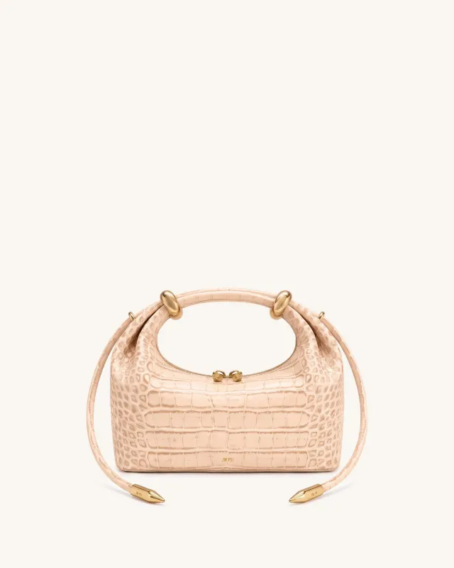Ellie Metal Ring Embellished Top Handle Bag - Light Apricot Croc made by JW PEI