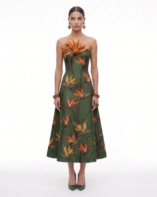 Bird of Paradise Appliqué Strapless A-Line Midi Dress - Green made by JW PEI