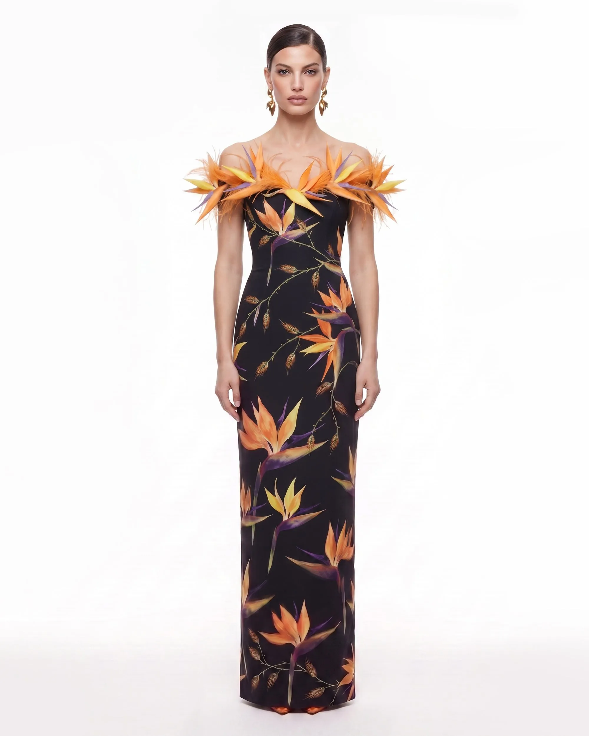 Bird of Paradise 3D Floral Feather-Trim Column Maxi Dress - Black sold by JW PEI