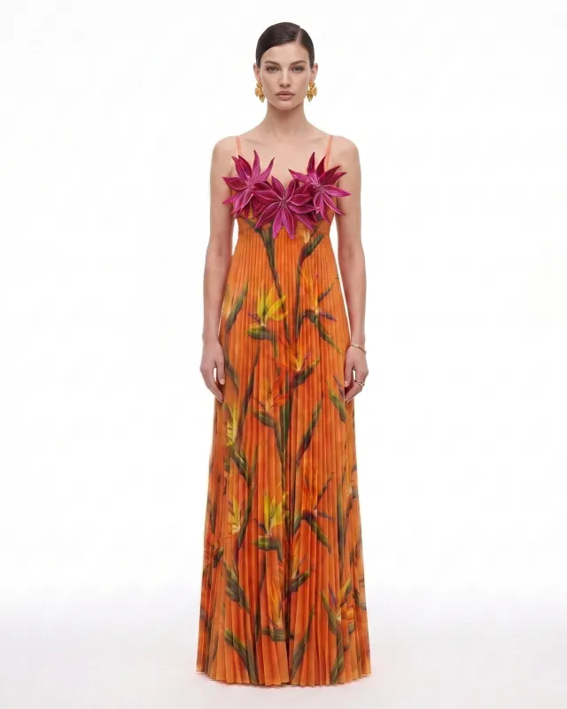 Bird of Paradise 3D Floral Plissé Floor-Length Maxi Dress - Orange made by JW PEI
