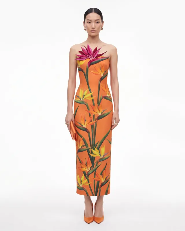 Bird of Paradise Appliqué Strapless Column Midi Dress - Orange made by JW PEI