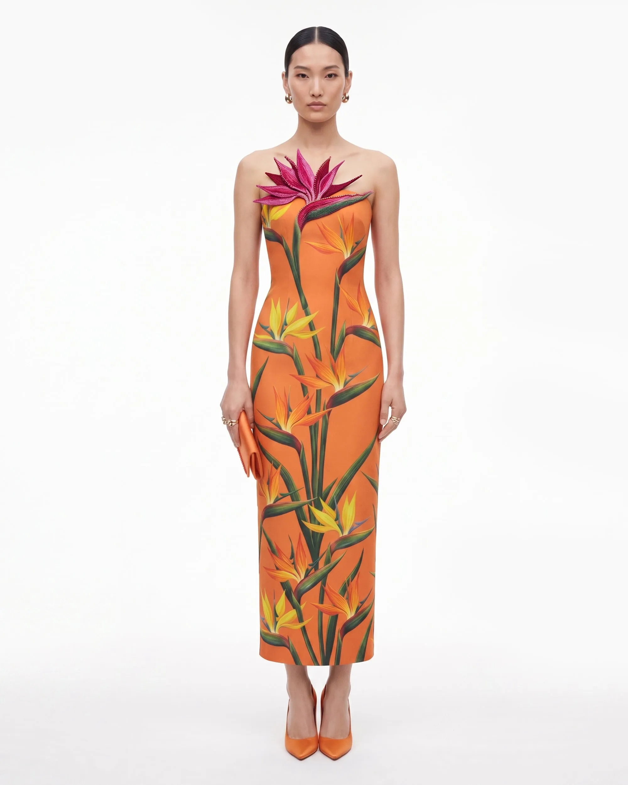 Bird of Paradise Appliqué Strapless Column Midi Dress - Orange sold by JW PEI