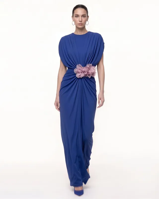 Floral Appliqué Draped Ruched Maxi Dress - Royal Blue made by JW PEI