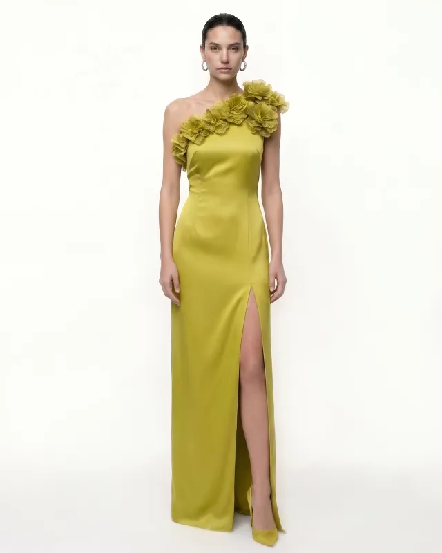 Floral Appliqué One-Shoulder Column Maxi Dress - Lime Green made by JW PEI