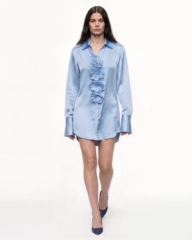 3D Floral Satin Button-Down Shirt - Light Blue made by JW PEI