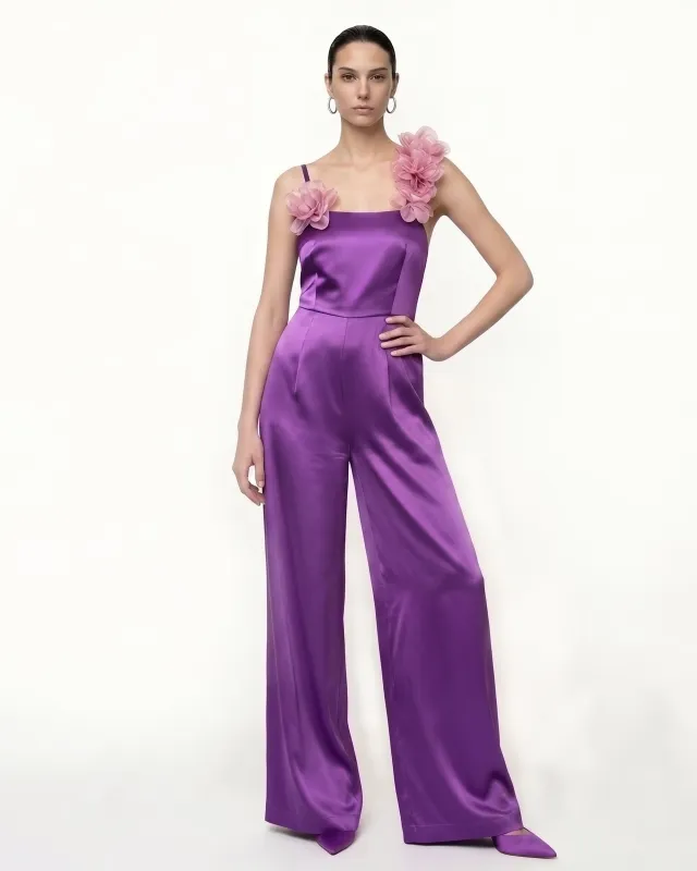 Floral Appliqué Satin Wide-Leg Jumpsuit - Purple made by JW PEI