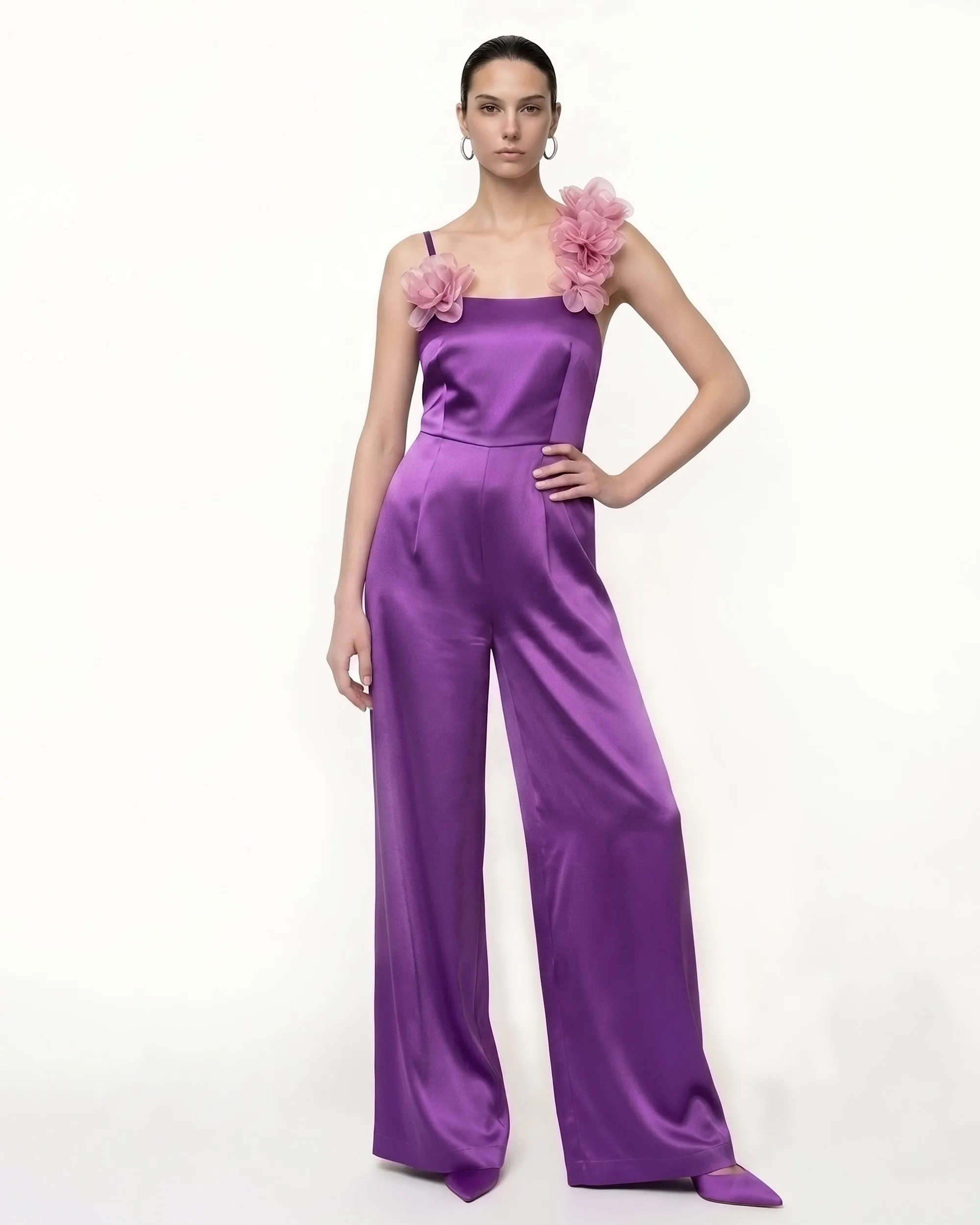 Floral Appliqué Satin Wide-Leg Jumpsuit - Purple sold by JW PEI