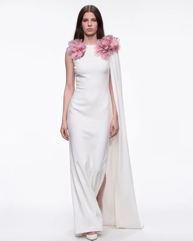 Floral Appliqué Cape Detail Column Maxi Dress - White made by JW PEI