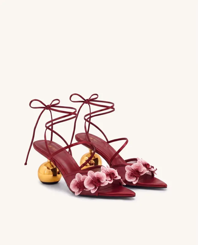 Celia Orchid Embroidered Sphere Heel Lace-Up Sandals - Burgundy made by JW PEI