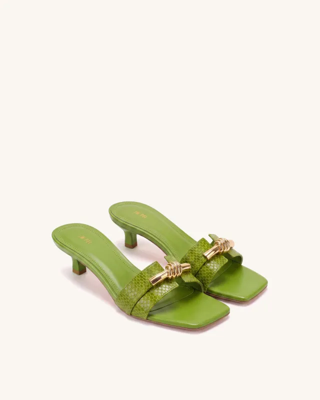 Lena Metal Rope Knot Snake-Embossed Heel Mules - Green made by JW PEI