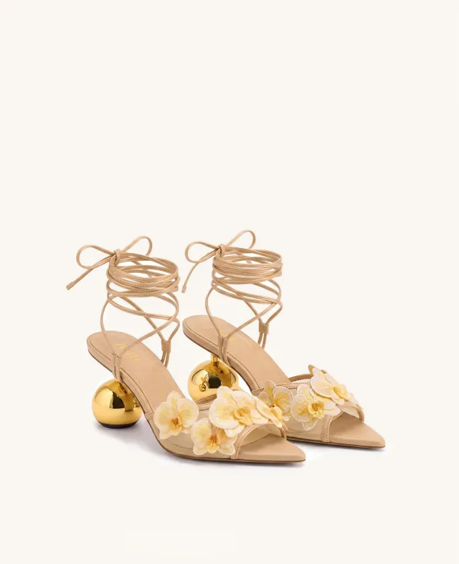 Celia Orchid Embroidered Sphere Heel Lace-Up Sandals - Butter Cream made by JW PEI