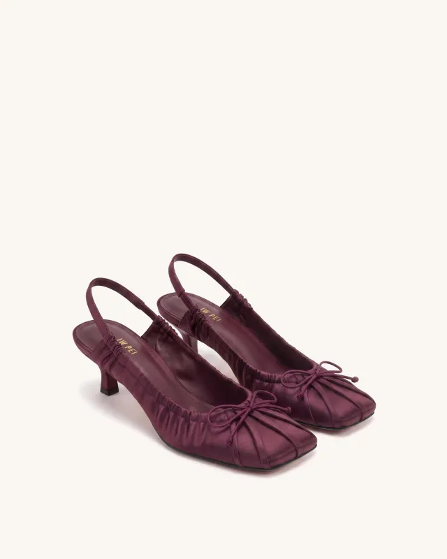 Solenne Satin Bow Ruched Slingback Pumps - Burgundy made by JW PEI