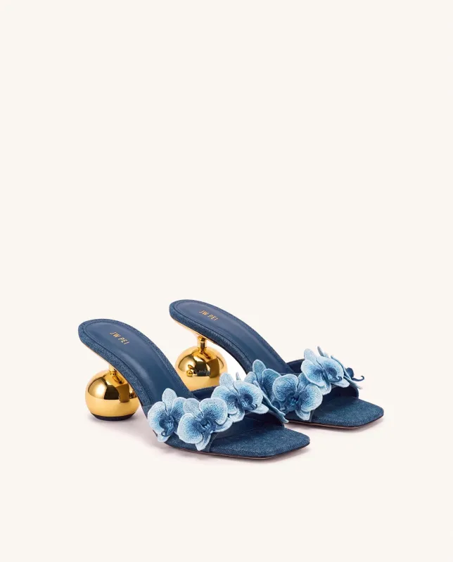 Celia Orchid Embroidered Sphere Heel Mules - Denim Blue made by JW PEI