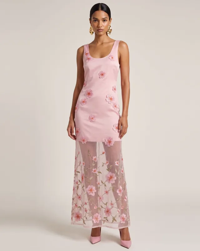 Floral Embroidered Sheer Overlay Maxi Dress - Blush Pink made by JW PEI