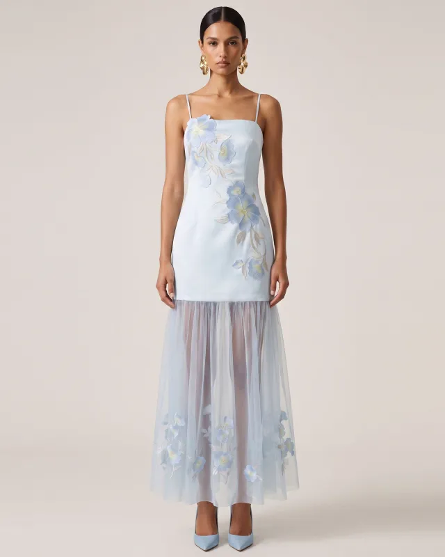 Floral Embroidered Sheer Overlay Maxi Dress - Light Blue made by JW PEI
