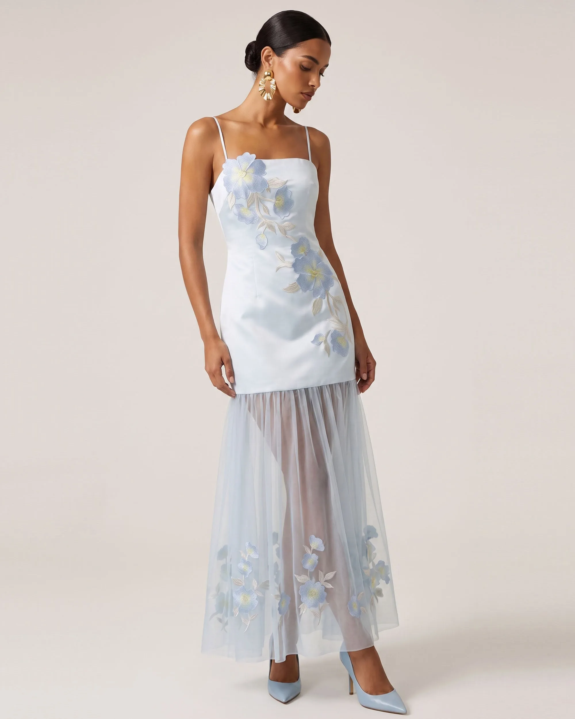 Floral Embroidered Sheer Overlay Maxi Dress - Light Blue sold by JW PEI product image thumbnail 2