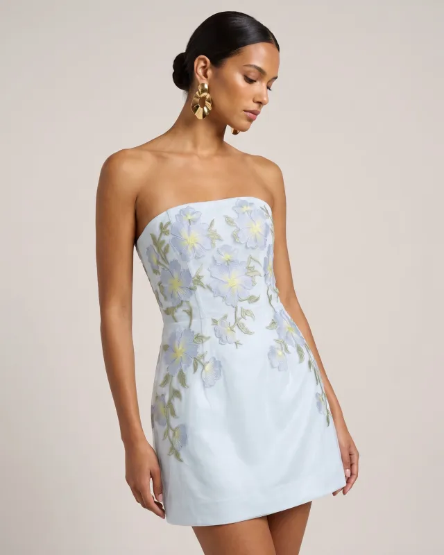 Floral Embroidered Strapless Corset Mini Dress - Light Blue made by JW PEI
