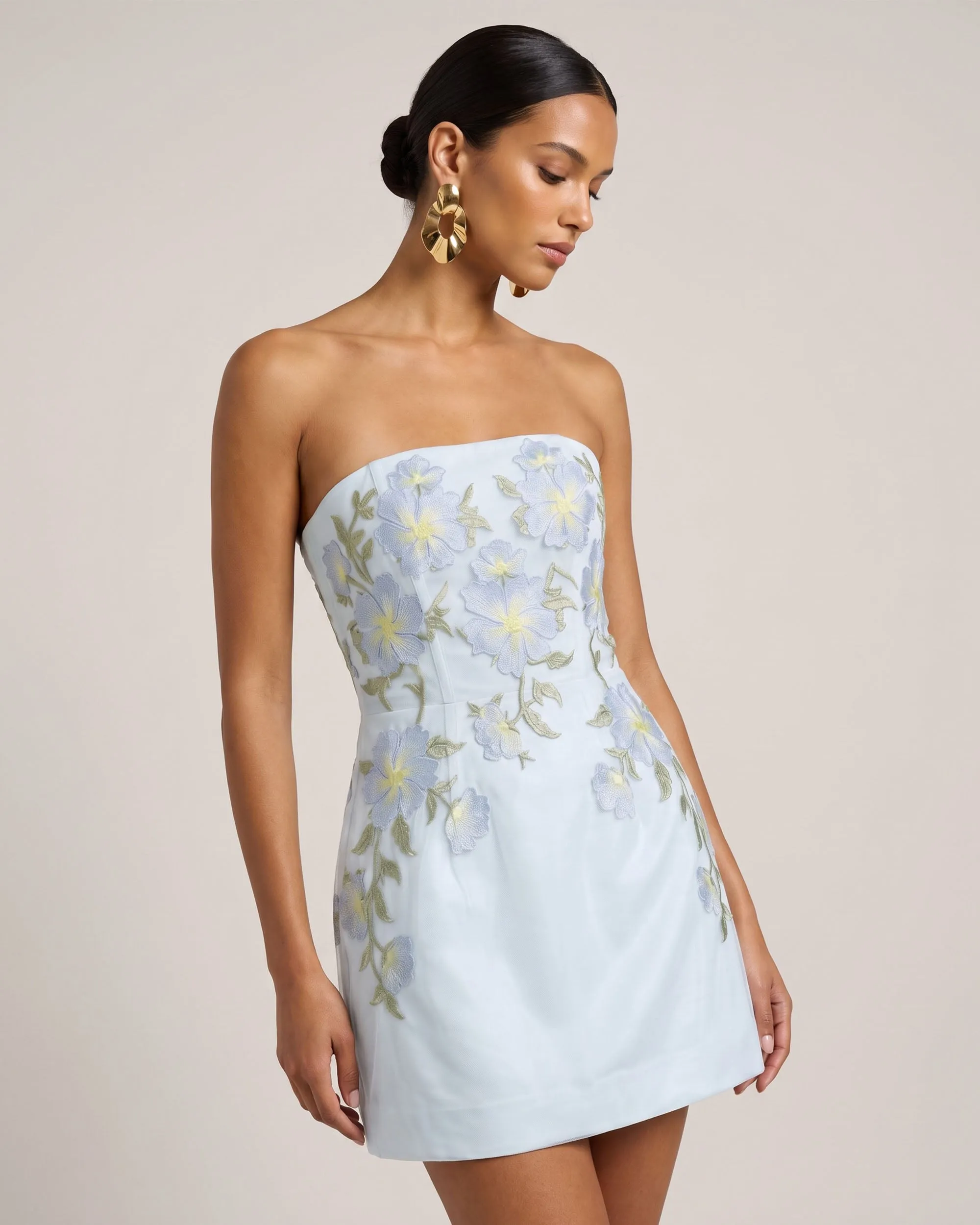 Floral Embroidered Strapless Corset Mini Dress - Light Blue sold by JW PEI