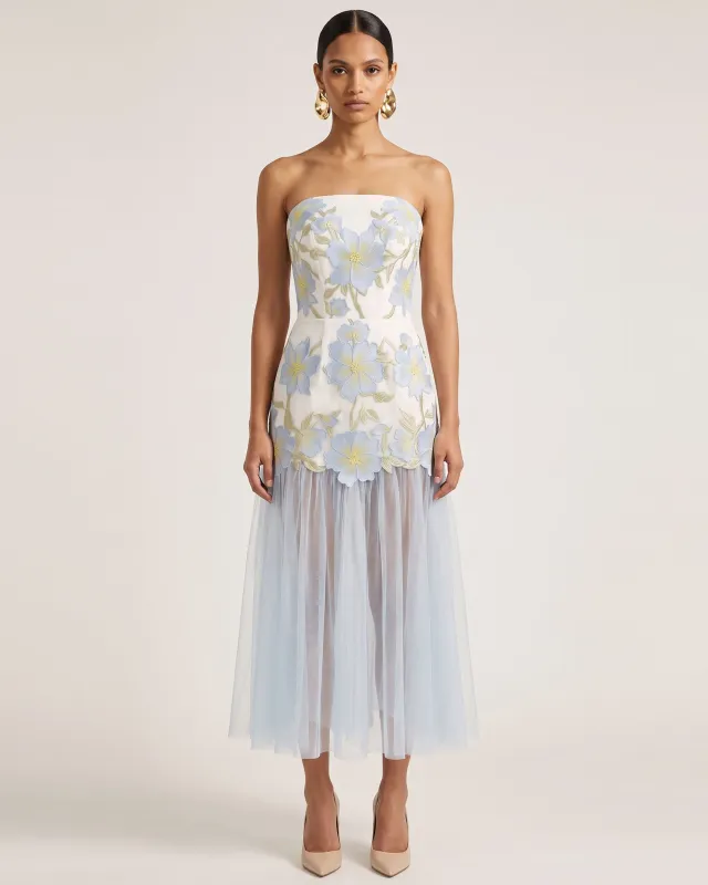 Floral Embroidered Strapless Tulle Maxi Dress - Light Blue made by JW PEI